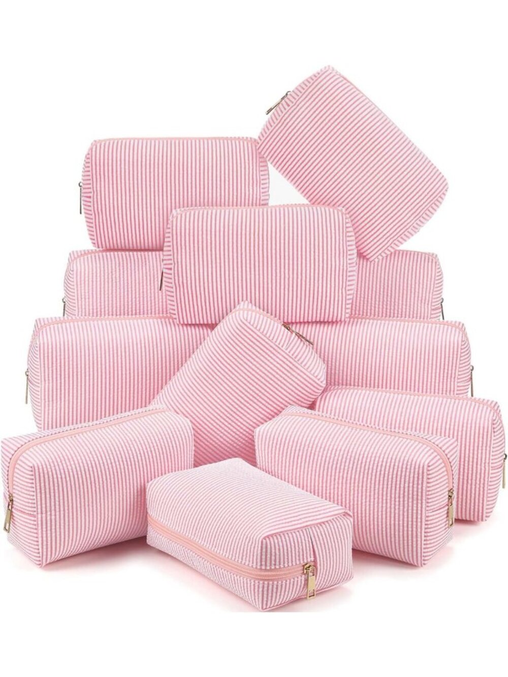 12 Pcs Striped Seersucker Cosmetic Bags Set - Coral Pink Zippered Pouches